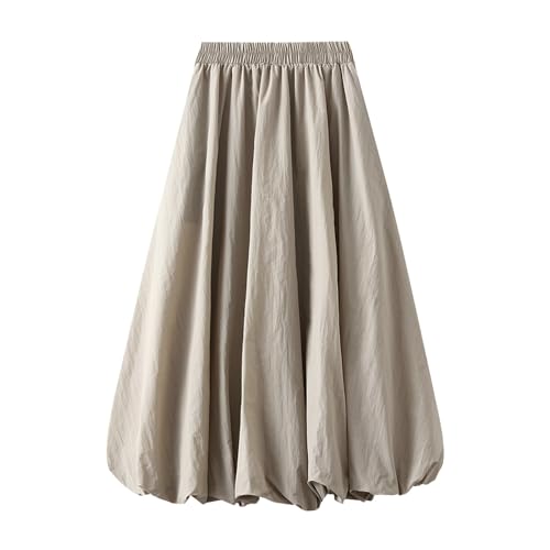 Women's Y2k Bubble Midi Skirt Elastic High Waist A Line Long Skirts Summer Casual Pleated Lantern Skirt with Pockets