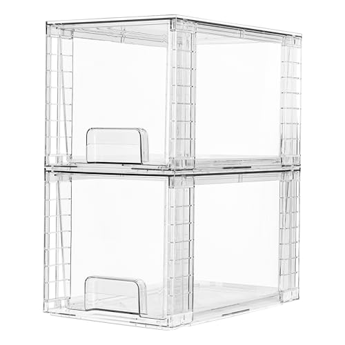 Vtopmart 透明 収納ケース 2個パック 幅30.5cm×奥行19cm×高さ17.8cm 重なるクリア収納ボックス 引き出し 仕切り板2枚付き デスク周り 収納、冷蔵庫収納、バスルーム、キッチンのシンク、キャビネット、パントリーの整理 書類、化粧品、事務用品、衣装ケース (2, 透明, 中型)の商品画像（Amazon）