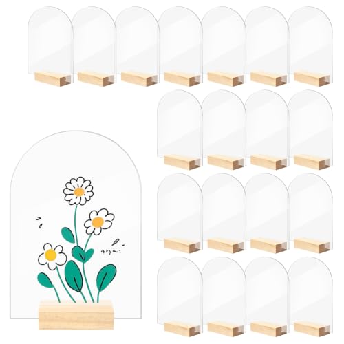 Image of Bercoor 20 Pack 5x7 Inch Blank Clear Arch Acrylic Sign with Wooden Stands, Arched Round Top Acrylic Sheet, DIY Acrylic Arch Table Numbers for DIY Name Card Gifts Event Party Sign Decoration