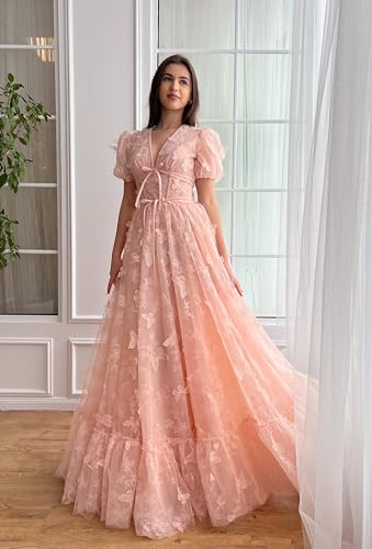 Tulle Prom Dresses Long 3D Butterfly Embroidery Evening Dress with Sleeves V Neck A Line Formal Wedding Party Gowns3