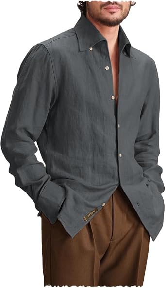 Mens Linen Shirts Long Sleeve Casual Shirt Button Down Shirt for Men Beach Summer Wedding Shirts