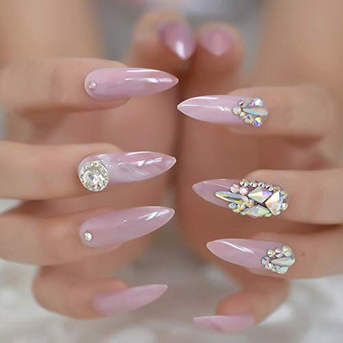 CoolNail 3D Luxery Colorful Gems Extra Long Stiletto False Nails Tips Pointed Sharp Stilettos Fake Nail Marble Pink UV Gel Press on Nails - Thumbnail 4