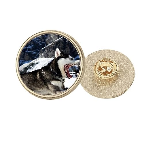 Broche ronde motif chien de neige husky en métal doré, le cadeau idéal