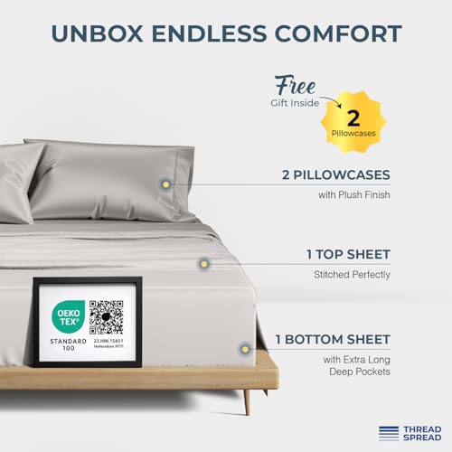 Image of THREAD SPREAD 100% Egyptian Cotton Sheets California King Size - 1500 Series Cal King Sheets Egyptian Cotton (4 PC, Light Grey), Silky Soft, Sateen Weave, Cooling & Breathable, 17 inch Deep Pocket Bed Set