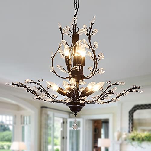 CVKASH 8-Light Vintage Crystal Branch Chandeliers Black Flush Moun Pendant Lighting Fixtures Ceiling Light for Dining Room Living Room Bedroom Restaurant Porch Foyer