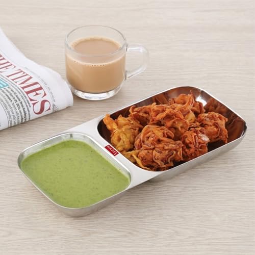 Image of HAZEL 2 Compartment Stainless Steel Section Plate | Rectangle Divided Thali Tray for Snacks, Meals & Portion Control