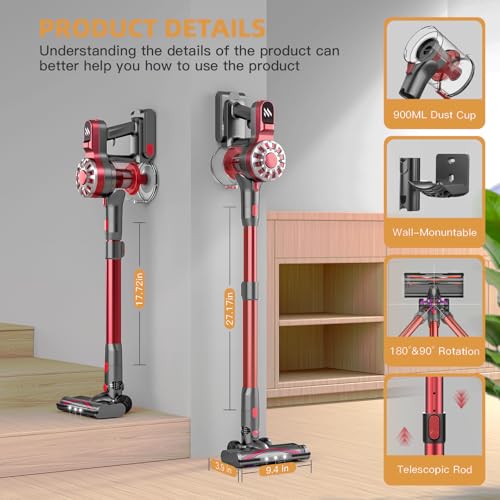 Image of Cordless Vacuum Cleaner for Home,Lightweight Stick Vacuum Cordless Rechargeable with Power Suction, Up to 35 Mins Runtime, Hardwood Floor Vacuum for Pet Hair,Carpets,Tile(Black Red)