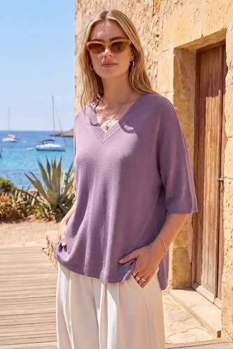 Image of Arach&Cloz Women's Wool Blend Elbow Sleeve Summer Oversized Casual Sweater | Versatile, Fall Layering Soft, Anti-pilling