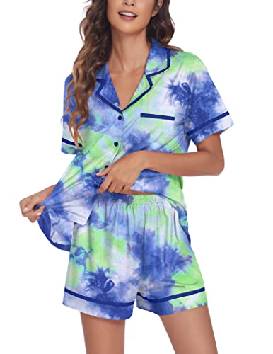 Ekouaer Women's 2 Piece Casual Sets Relaxed Shirt Loose Shorts Set (Blue Green Tie Dye,M) #TOP1