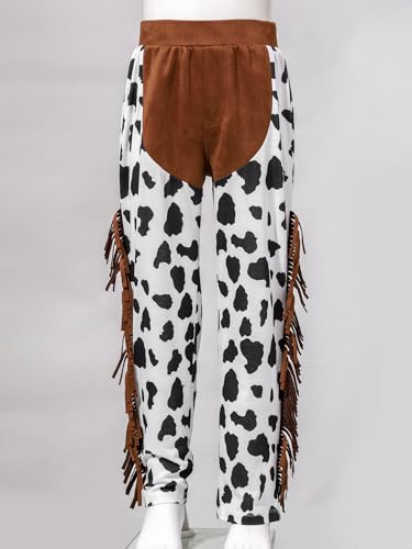 easyforever Kids Boys Cowboy Trousers Cow Print Tassels Pants for Halloween Cosplay Role Play Western Chaps Dress Up3