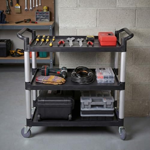 Image of Restaurantware RW Clean 40.2 x 19.7 x 37.8 Inch Utility Cart 1 Rolling Cleaning Cart - Large 4 Shelves Black Plastic Rolling Cart Heavy-Duty For Organization Or Storage