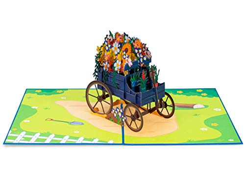 Paper Love Flower Wagon Pop Up Card, For All Occasions, Summer, Birthday, Mothers Day, Valentines Day, Wedding, Thank You, Thinking Of You, Sympathy - 5" X 7" Cover Includes Note Tag #TOP2