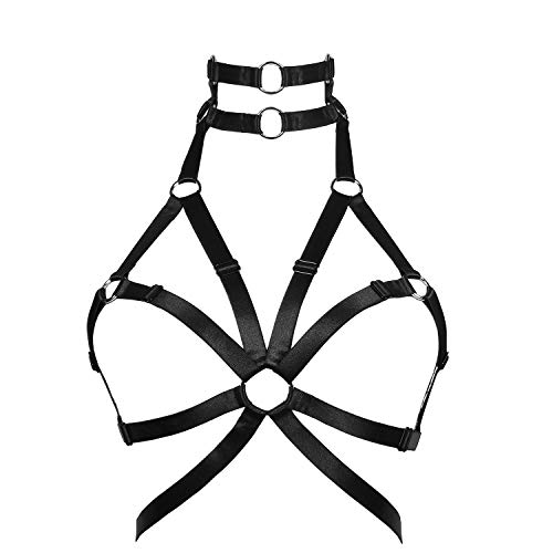 JELINDA Body Harness BH für Damen, sexy Cupless BH mit Choker, Pentagra Käfig-BH, Punk, Gothic-Stil, Träger-Dessous, 136-Schwarz, Einheitsgröße