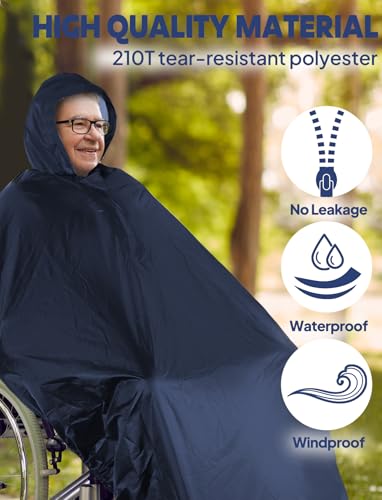 ANYOO Wodoszczelne ponczo na wózki inwalidzkie, lekkie ponczo przeciwdeszczowe, z gumowymi taśmami zapewnia ochronę przed suchością dla wózków inwalidzkich, granatowy, jeden rozmiar