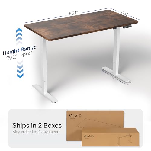 Image of VIVO Rustic Vintage Brown 55 x 28 in Standing Desk, DESK-KIT-1W55N | Electric, Holds 220 lbs, Sit Stand, Height Adjustable, Solid One-Piece Table Top, Memory Presets, 1B Series, White Frame
