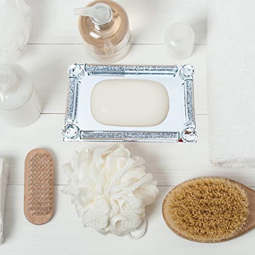 Hmrcyte Glass Soap Dish Holder, 7.1"X4.3" Crystal Glass Soap Case, Crushed Diamond Bathroom Soap Dish With Drain Silver Soap Holder,Small Mirror Jewelry Tray For Bedroom Shower Kitchen Sink Home Decor #TOP3