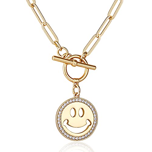 APSVO Gold Smiley Face Necklace for Women Girls, Smile Emoji Coin Happy Face Pendant Jewelry Paper Clip Toggle