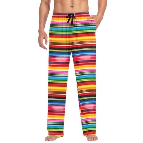 Men's Colorful Mexico Stripe Pajama Pants with Pockets - Straight Fit Cotton Sleep Bottoms for Lounge & Nightwear