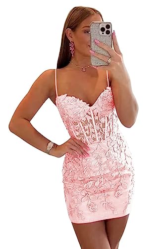 Short Homecoming Dresses for Teens Lace Applique Spaghetti Straps Corset Cocktail Dress