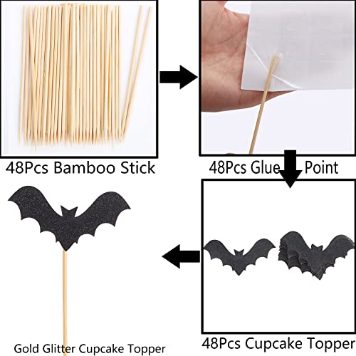 48Pcs Halloween Bat Cupcake Topper - Black Glitter Bat Cupcake Decoration, Halloween Party Bat Cupcake Decorations, Haunted House Party Bat Decorations, Horror Theme Party Small Bat Cake Topper #TOP1