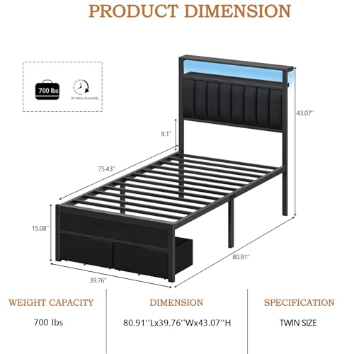 Image of Furnulem Twin Bed Frames with Storage Drawers and Upholstered Headboard | Grey Metal Platform Bed with Charging Station, LED Lights, 2 Tier Shelves, Fabric Drawers. No Box Spring Needed, Noise Free