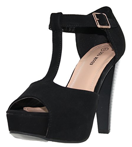 TOP Moda Table-1 Women's peep Toe Platform Chunky Heel Closed Back Buckle T-Strap Nubuck Pumps Black 7