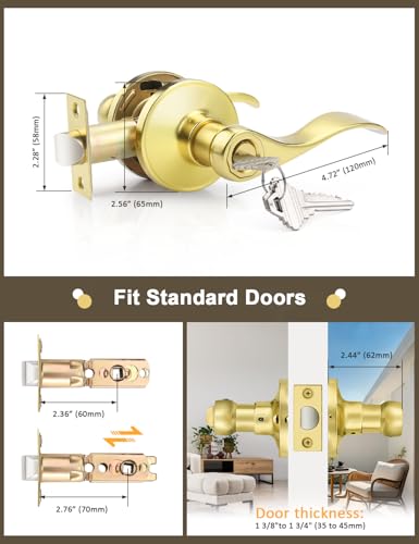Image of Gobrico Polished Brass Keyed Entrance Door Lever Handle Entry Door Lockset Hardware with Key,Drop Lever Style Door Lock for Front Door Exterior Door,6 Pack