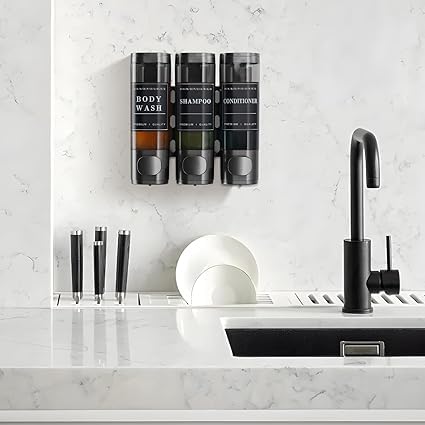 Image of Wall-Mounted 3-Chamber Shower Dispenser - Shampoo, Conditioner & Body Wash Holder - Refillable, Leak-Proof Bottles - Ideal for Bathroom, Hotel & Spa Use
