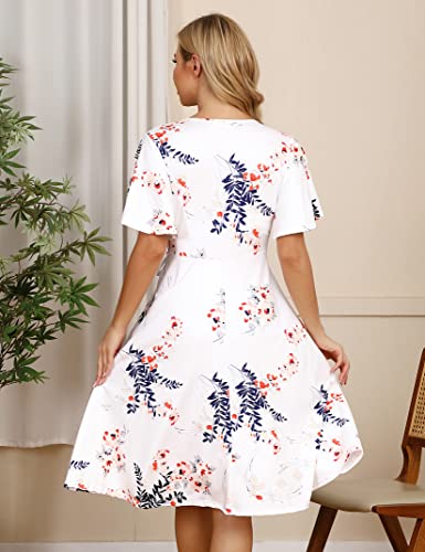 Coolmee Women's Wrap Maternity Dress Empire Waist Knee Length Midi Dress With Belt Baby Shower Or Casual Wear Short Ruffle Sleeves White Flower L #TOP3
