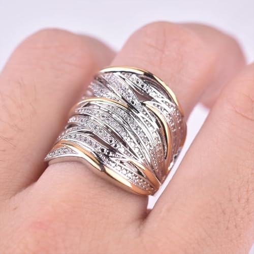 HAIXIAN Sterling Silver Wide Band Ring, Multi Cross Lines CZ Ring, Gold and Silver Two-Tone, Women's Knot Index Ring4