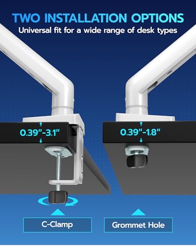 Image of ARES WING Heavy Duty Single Monitor Arm - Fully Adjustable Monitor Mount for 17 inch-40 inch Ultrawide Screens up to 26.4 lbs with Clamp /Grommet Desk Mount and USB A /C, 75 /100 Vesa Mount, White