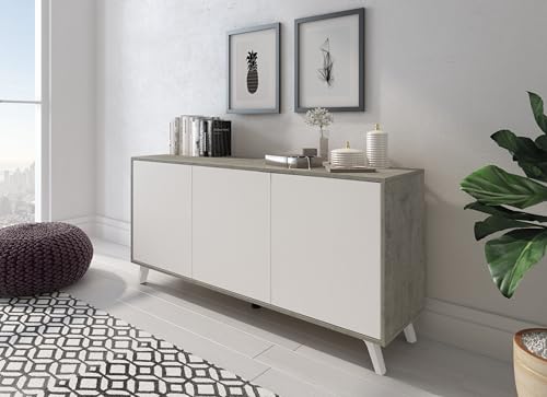 Credenza Moderna Con 3 Ante Battenti Senza Maniglie Struttura Antigraffio Design Minimalista Ideale Per Soggiorno Salotto Ingresso O Open Space Facile Da Pulire E Da Montare (Bianco e Grigio Cemento)