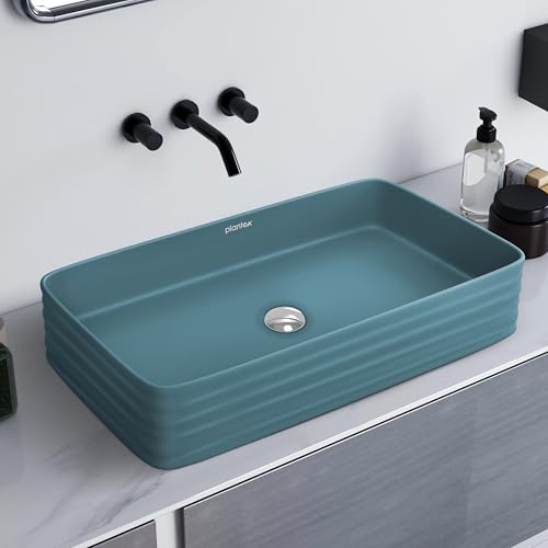 Image of Plantex Ceramic Designer Washbasin for Bathroom /Countertop Bathroom Basin /Rectangle Tabletop Wash Basin for Restaurant /Hotel (Harmony Blue - 26 x 15 x 5 Inch)