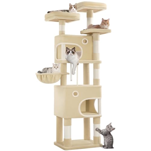 Hzuaneri Kratzbaum, 180 cm Katzenbaum mit 8 Kratzsäulen, 3 Plattformen, 2 Höhlen, Korb, Plüschbälle, Sisalseil, Geeignet für Katzen Verschiedener Größen, Beige MS18018YL