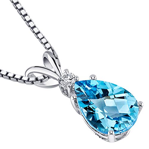 Peora Swiss Blue Topaz With Diamond Pendant For Women 14K White Gold, Natural Gemstone Birthstone Teardrop Solitaire, 2.30 Carats Total Pear Shape 10X7Mm #TOP2