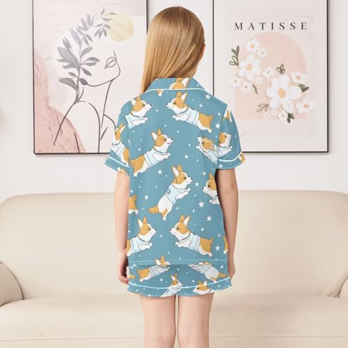 ALAZA Cartoon Dog Star Blue Pajamas Satin Pajama Set Short Sleeve Button Down Sleepwear4