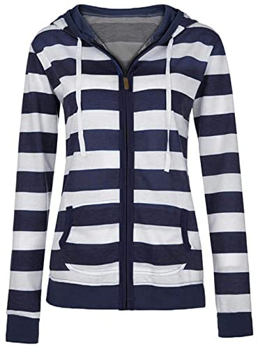 XINGENG Mujer Sudaderas con Capucha Casuales Sudadera de Algodón a Rayas de Manga Larga Suéter con Cierre de Cremallera Suave Tops con Bolsillos (Azul Marino,L) Cover