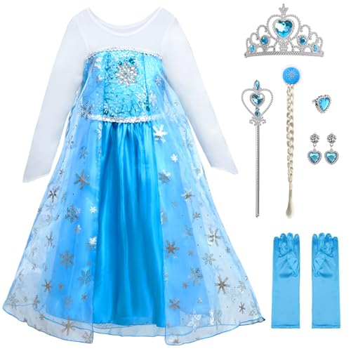 Prinzessin Kleid Mädchen, LUKYLUM Kostüm Kinder Mädchen 10-teiliges Set mit Krone Zauberstab Handschuhe Faschingskostüme Prinzessinnen Kostüm Mädchen für Halloween Weihnachten Karneval Party, Blau 110