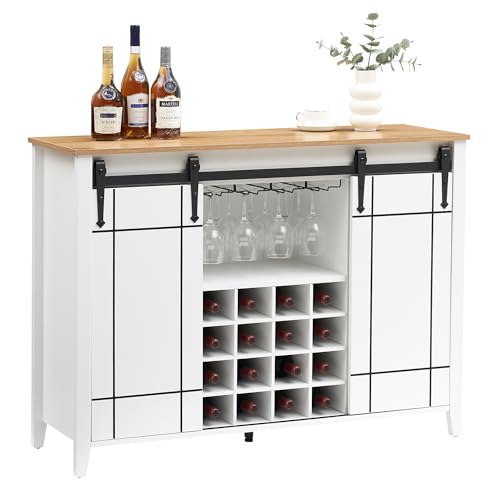 Image of Farmhouse Sideboard Buffet Cabinet with Sliding Barn Doors, Coffee Bar Cabinet with Adjustable Shelves, 16-Bottle Wine Storage & Glass Holder for Dining Room, Living Room,White