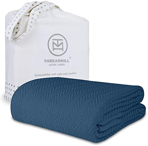 Threadmill Luxury Cotton Blankets for Queen Size Bed | All-Season 100% Cotton Queen Size Blanket | Herringbone Lightweight, Soft Breathable Fall Thermal Blanket fits Full Size Bed | Folkstone Blue