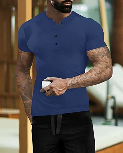 Uni Clau Men's Casual Henley Shirts Short Sleeve Shirts Fashion Cotton Button Henley T-Shirts Navy 3Xl #TOP2