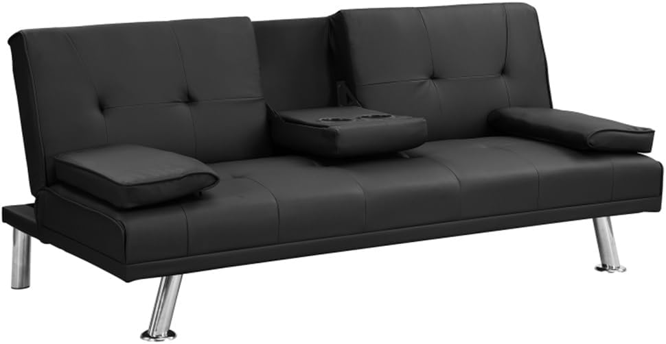 Sofa Bed with Armrest Two Holders Wood Frame, Stainless Leg, Futon Black PVC(Black)