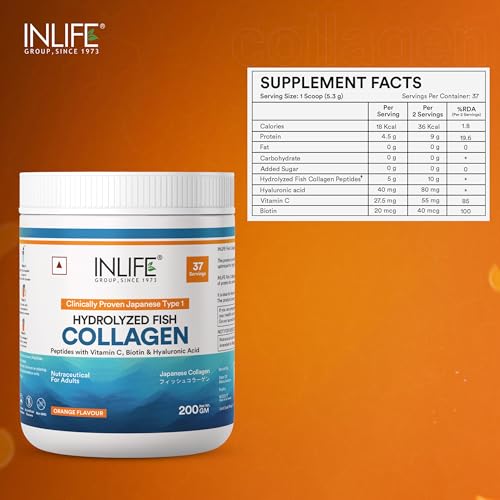 Image of INLIFE Japanese Marine Collagen Supplements for Women & Men |Clinically Proven Ingredient with Biotin, Hyaluronic Acid, Vitamin C & Glucosamine (200g, Orange)