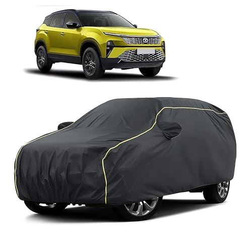 Image of Sulfar 100% Water Resistant Car Body Cover Compatible with Mirror for Tata Harrier (Triple Stitched, Full Bottom Elastic, Dark Grey Taffeta with Yellow Piping)