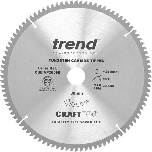 Trend Aluminium & Plastic Circular Saw Blade, 260mm Diameter, 30mm Bore, 96 Teeth, 3mm Kerf, -6° Hook, TCT, Extra-Fine Finish, CSB/AP26096