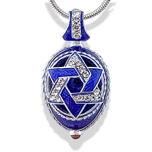 Star Of David Sterling Silver Blue Guilloché Enamel Pendant Genuine Garnet Crystals 24 Inch Chain #TOP27