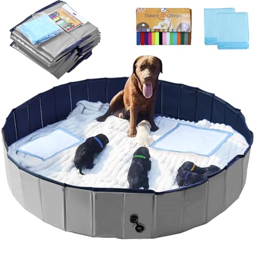 Image of Artilife Dog Whelping Box,Dog Whelping Box Pool,Whelping Box for Dogs Birthing,Welping Box Whelping Pen Whelping Box for Puppies Whelping Supplies (Grey, 63 inch Dia.x12 H)