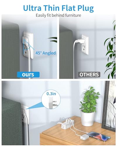 BEVA Mini Surge Protector Power Strip, Ultra Thin 5FT Flat Extension Cord, 4 Wide Spaced AC Outlets and 3 USB Ports(1 USB C), Flat Plug, 1050 Joules Wall Mount for Home Office Dorm Room Essentials