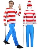 Adult Wheres Costume Men Red and White Striped Shirt Blue Pants Book Character Halloween Costumes for Women Cosplay Outfit with Cane Hat Glasses HR003S