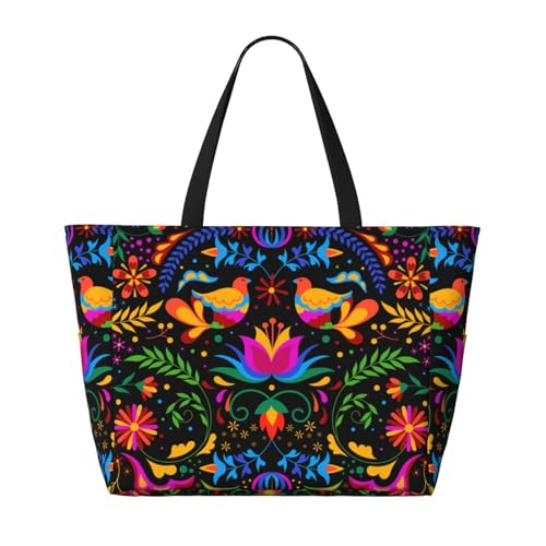 Mexican Flower Traditional1 Print Large Beach Tote Bag for Women Extra Large Capacity Sandproof Waterproof Pool Bag Suitable for Swimming Pool Gym Groceries Travel2
